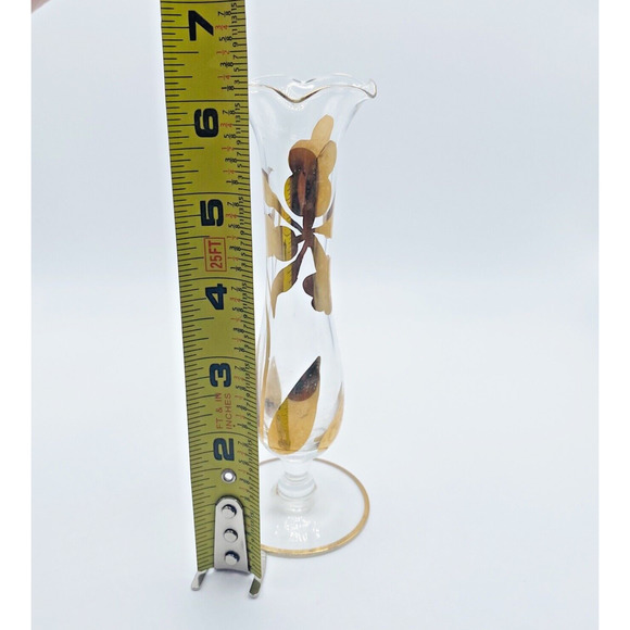 Vintage Hand Blown Glass Fluted Bud Vase Gold Gilt Floral Flower Leaves MCM - Picture 8 of 9